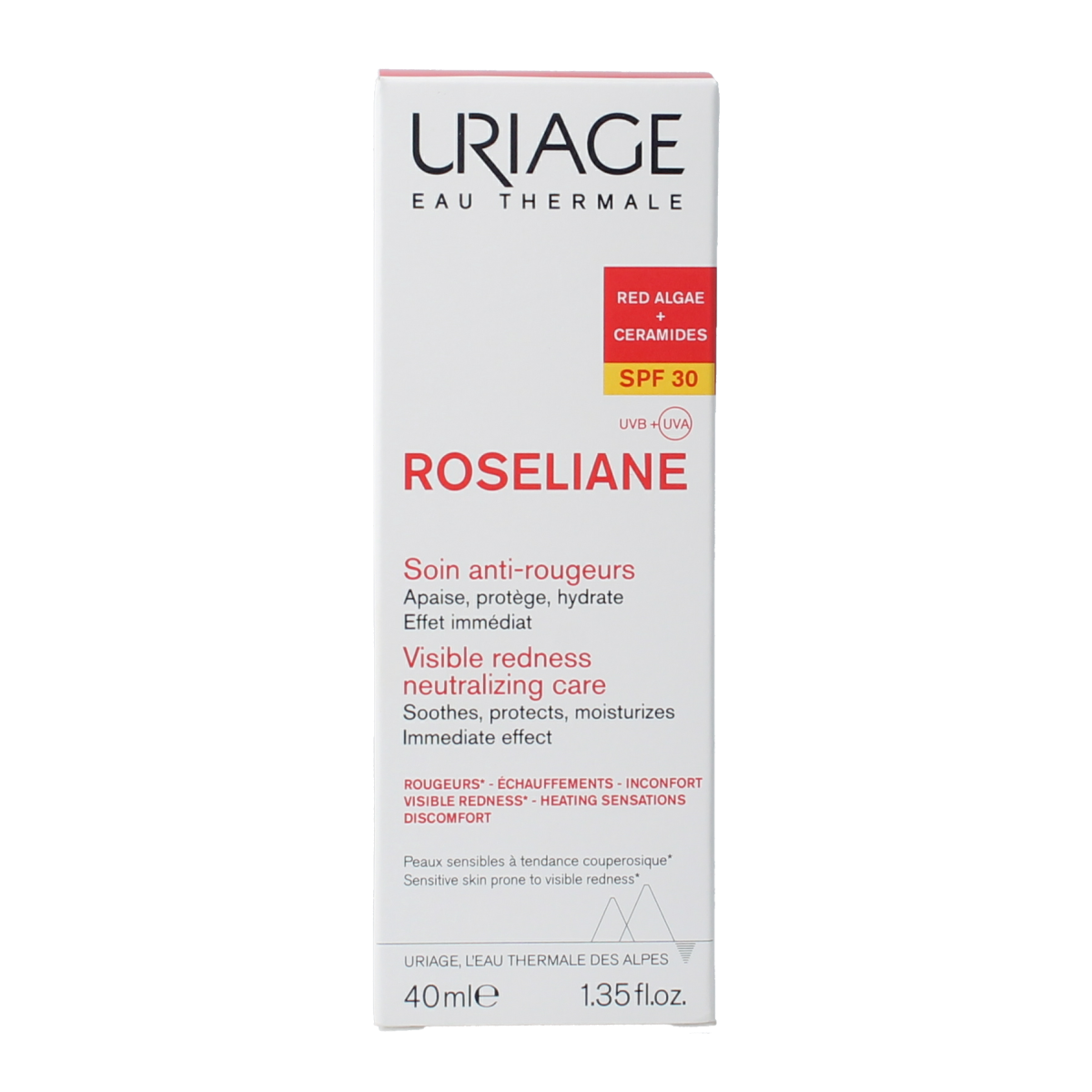 Uriage Roseliane SPF30 face cream in 40ml jar, nourishing skincare for sensitive or redness-prone skin.
