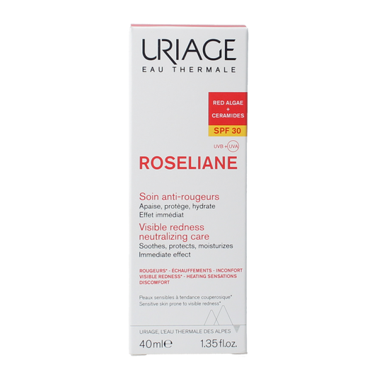 Uriage Roseliane SPF30 face cream in 40ml jar, nourishing skincare for sensitive or redness-prone skin.