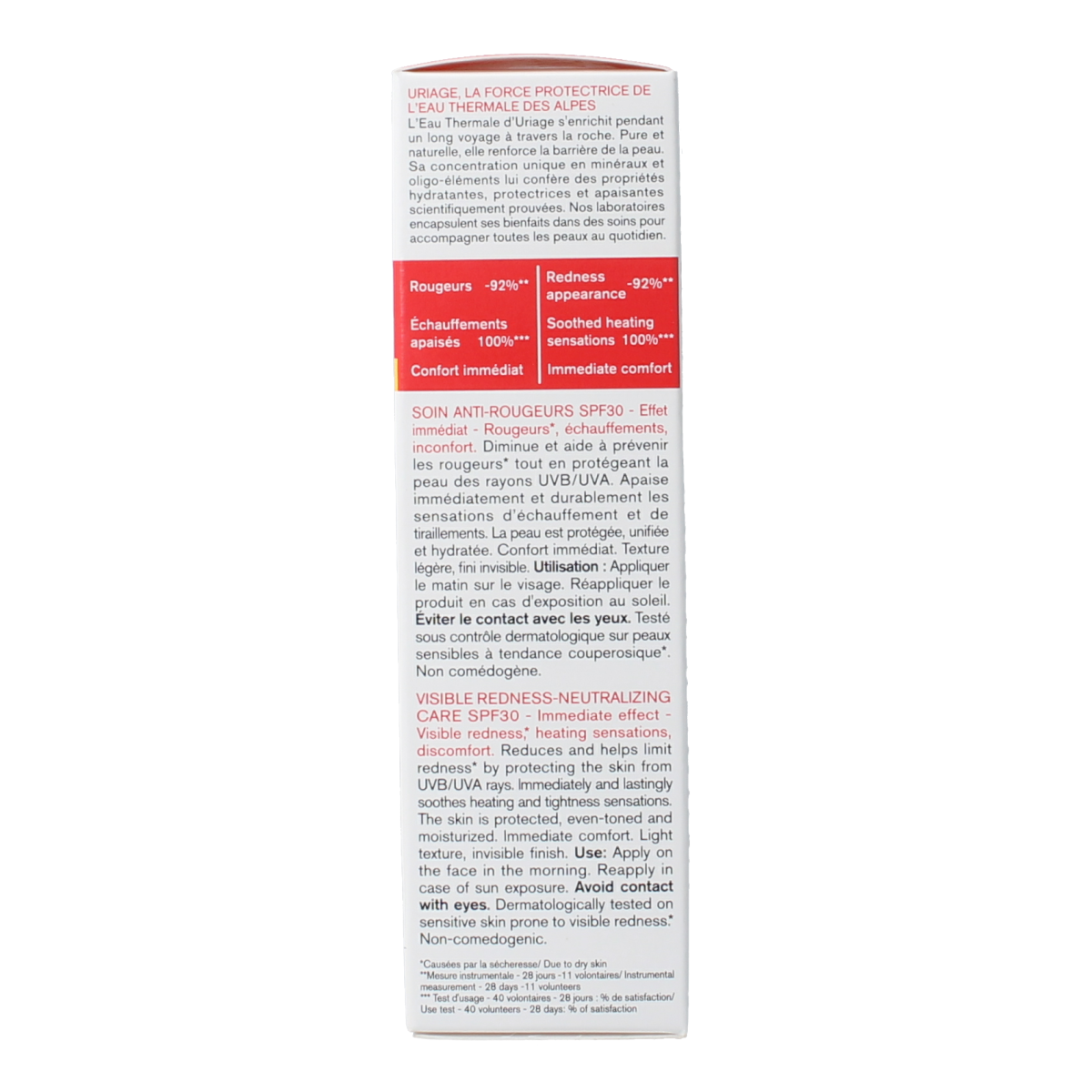 Uriage Roseliane SPF30 facial cream in 40ml tube, designed for sensitive skin and redness relief, with sun protection.