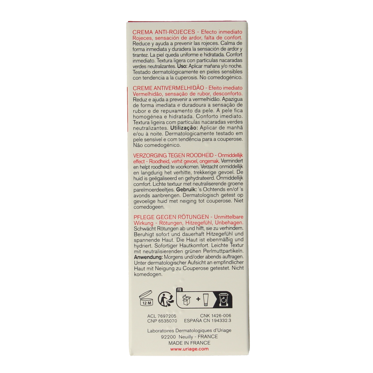 Uriage Roseliane anti-redness face cream in a 40ml tube, designed for sensitive and redness-prone skin.