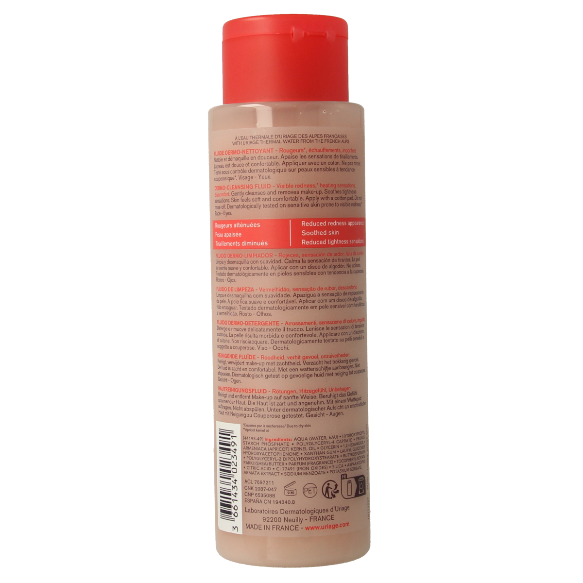 Uriage Roseliane Fluide Dermo facial moisturizer in 250ml bottle, designed for sensitive skin with soothing ingredients.
