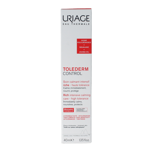 Uriage Tolederm Control rijke kalmerende gezichtsverzorging crème in 40ml, suitable for sensitive skin, in a white tube.