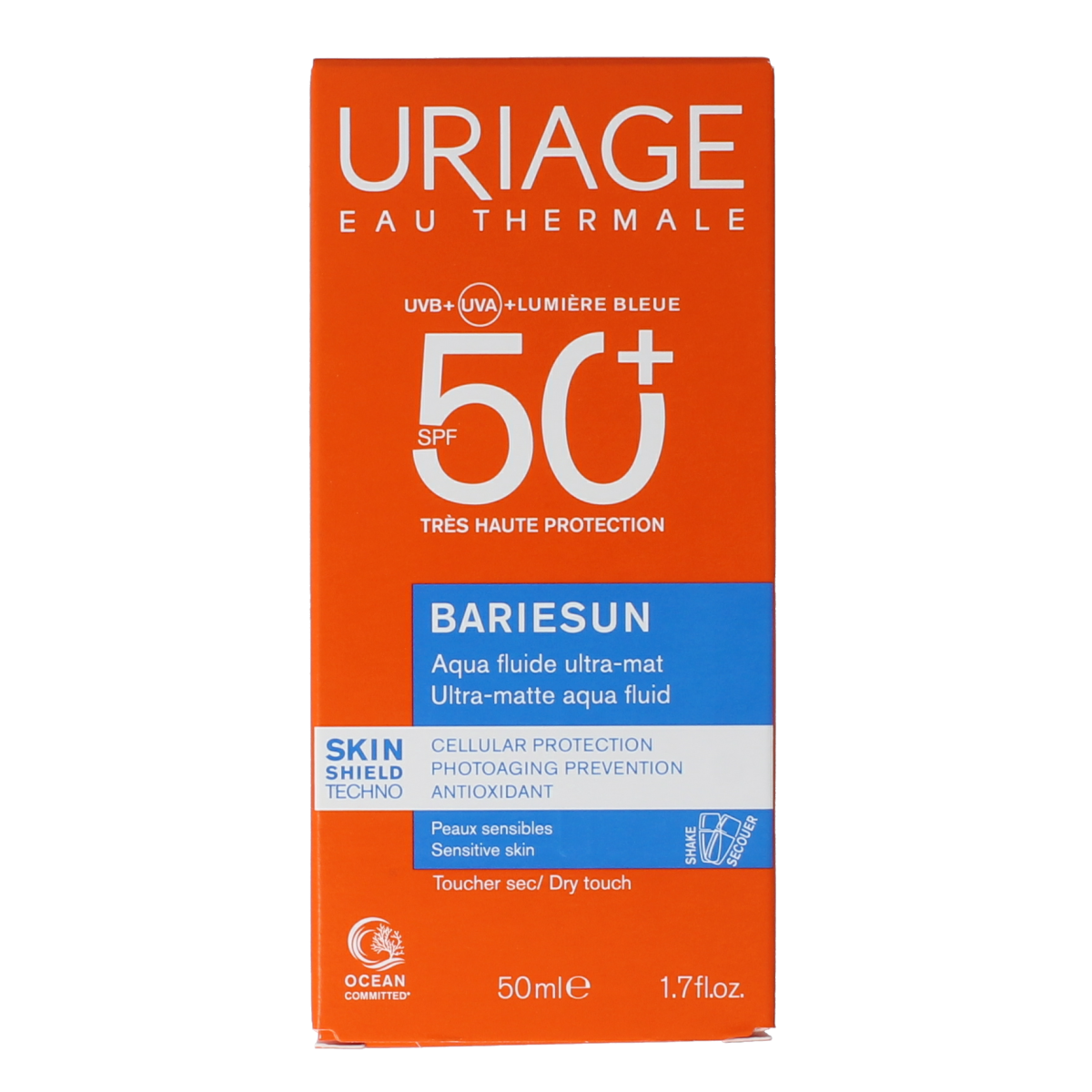 Uriage Bariesun Aqua Ultramatte SPF50 sunscreen in 50ml tube, sun protection for face with matte finish