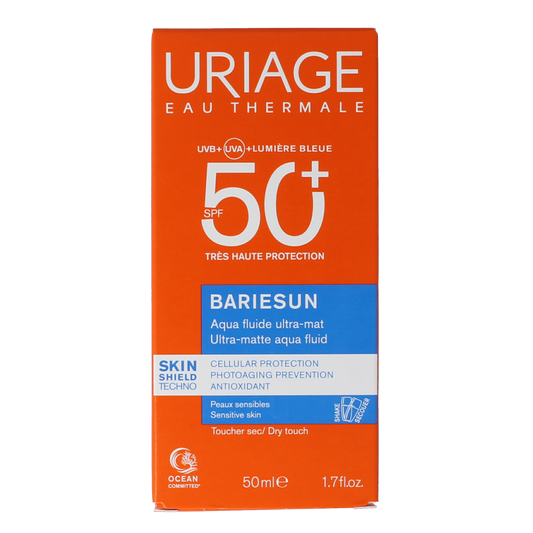 Uriage Bariesun Aqua Ultramatte SPF50 sunscreen in 50ml tube, sun protection for face with matte finish