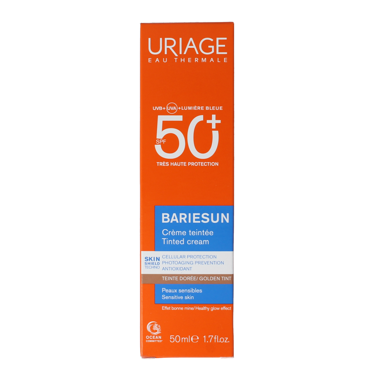 Uriage Bariesun golden tinted SPF50 sun cream in a 50ml tube, providing high sun protection with a tinted, golden finish.