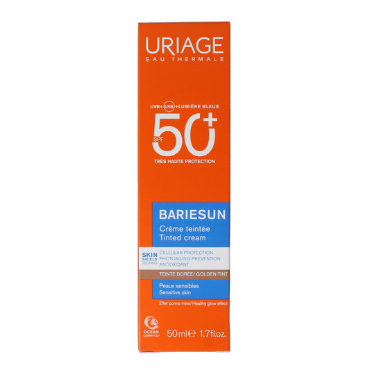 Uriage Bariesun golden tinted SPF50 sun cream in a 50ml tube, providing high sun protection with a tinted, golden finish.