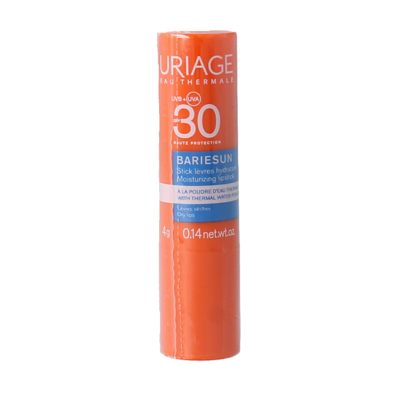 Uriage Bariesun SPF30 lip balm stick in 4g with protective lip care packaging, featuring a sleek design and compact size