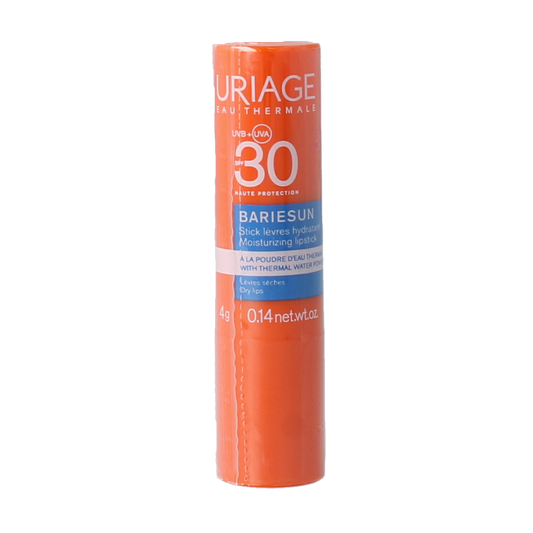 Uriage Bariesun SPF30 lip balm stick in 4g with protective lip care packaging, featuring a sleek design and compact size