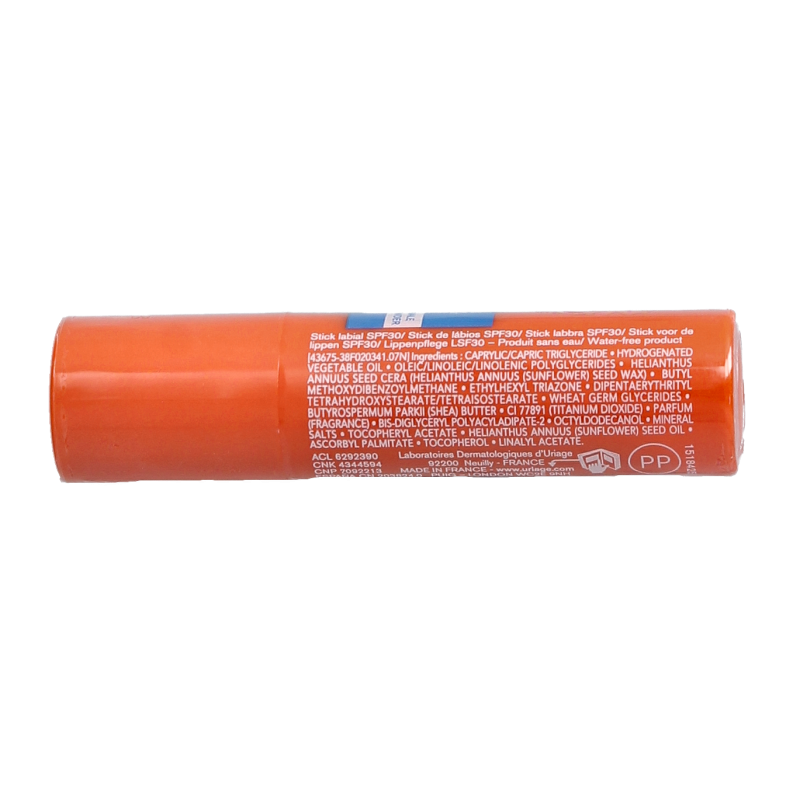 Uriage Bariesun SPF30 lip balm in 4g stick, moisturizing lip care product with sun protection, branded by Uriage.