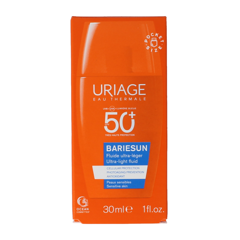 Uriage Bariesun ultralight SPF50 sun protection fluid in 30ml bottle, lightweight sunscreen for face and skin.