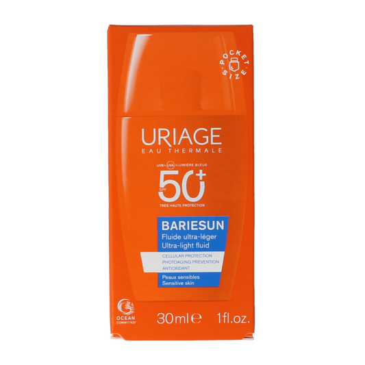 Uriage Bariesun ultralight SPF50 sun protection fluid in 30ml bottle, lightweight sunscreen for face and skin.