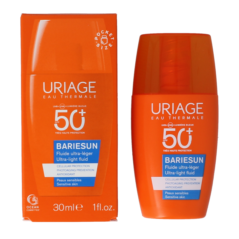 Uriage Bariesun ultralight SPF50 sun lotion bottle showing the 30ml size and product label on a white background.