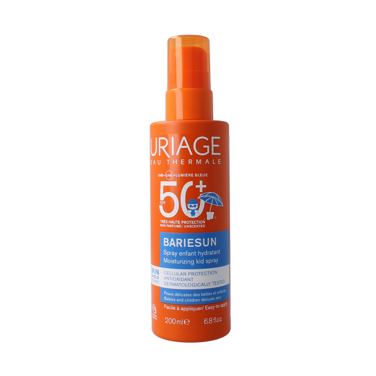 Uriage Bariesun Kids SPF50 spray bottle, 200ml, sun protection for children, with a spray nozzle and UV protection label.