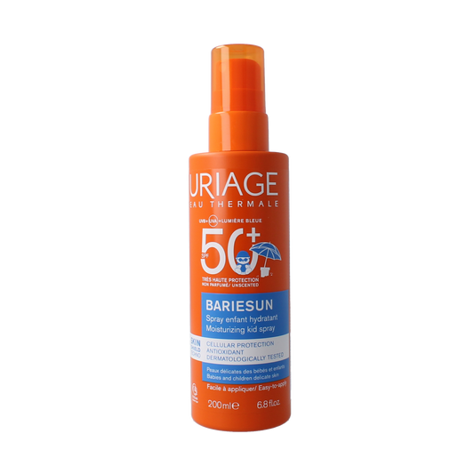 Uriage Bariesun Kids SPF50 spray bottle, 200ml, sun protection for children, with a spray nozzle and UV protection label.