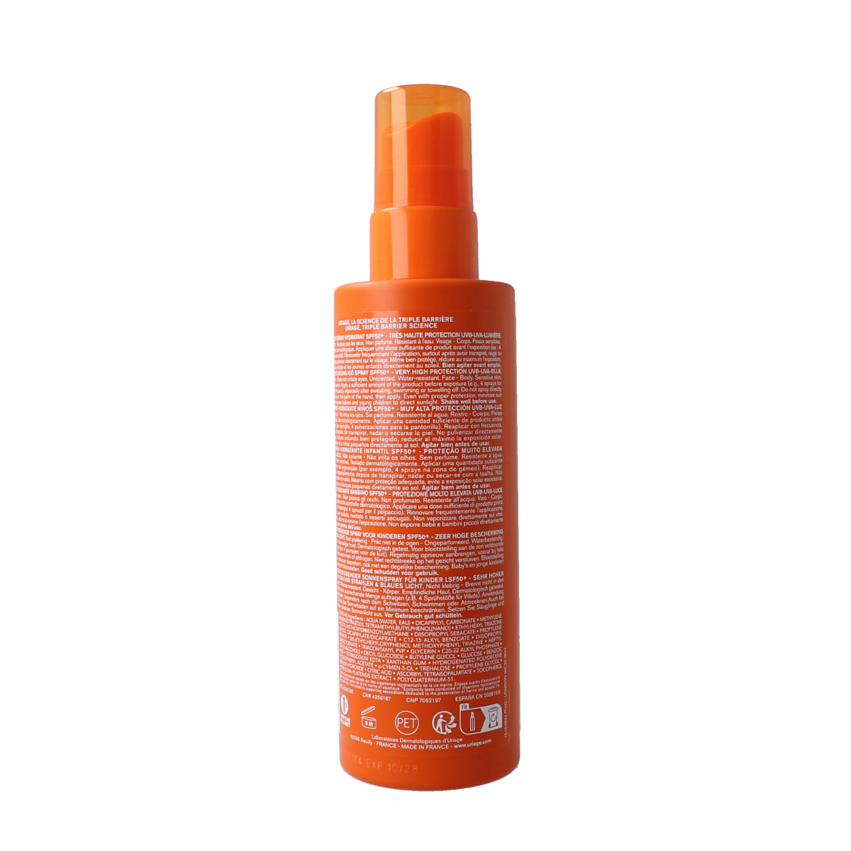 Uriage Bariesun Kids SPF50 spray bottle with 200ml, sun protection product designed for children, featuring a spray nozzle.