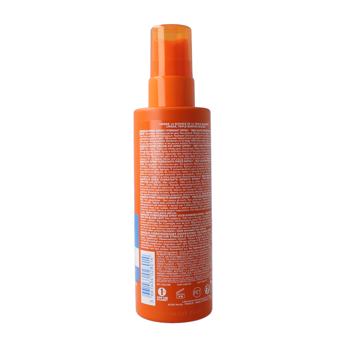 Uriage Bariesun Kids SPF50 spray bottle, 200ml, sunscreen for children with high sun protection, shown in the image.