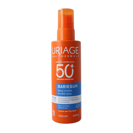 Uriage Bariesun SPF50+ sun spray in 200ml bottle, outdoor sun protection product with broad-spectrum sunscreen.