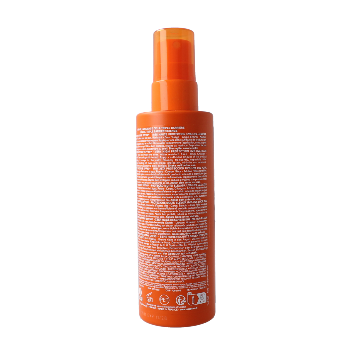 Uriage Bariesun SPF50+ spray in 200ml bottle, sun protection spray with broad-spectrum SPF for outdoor sun safety