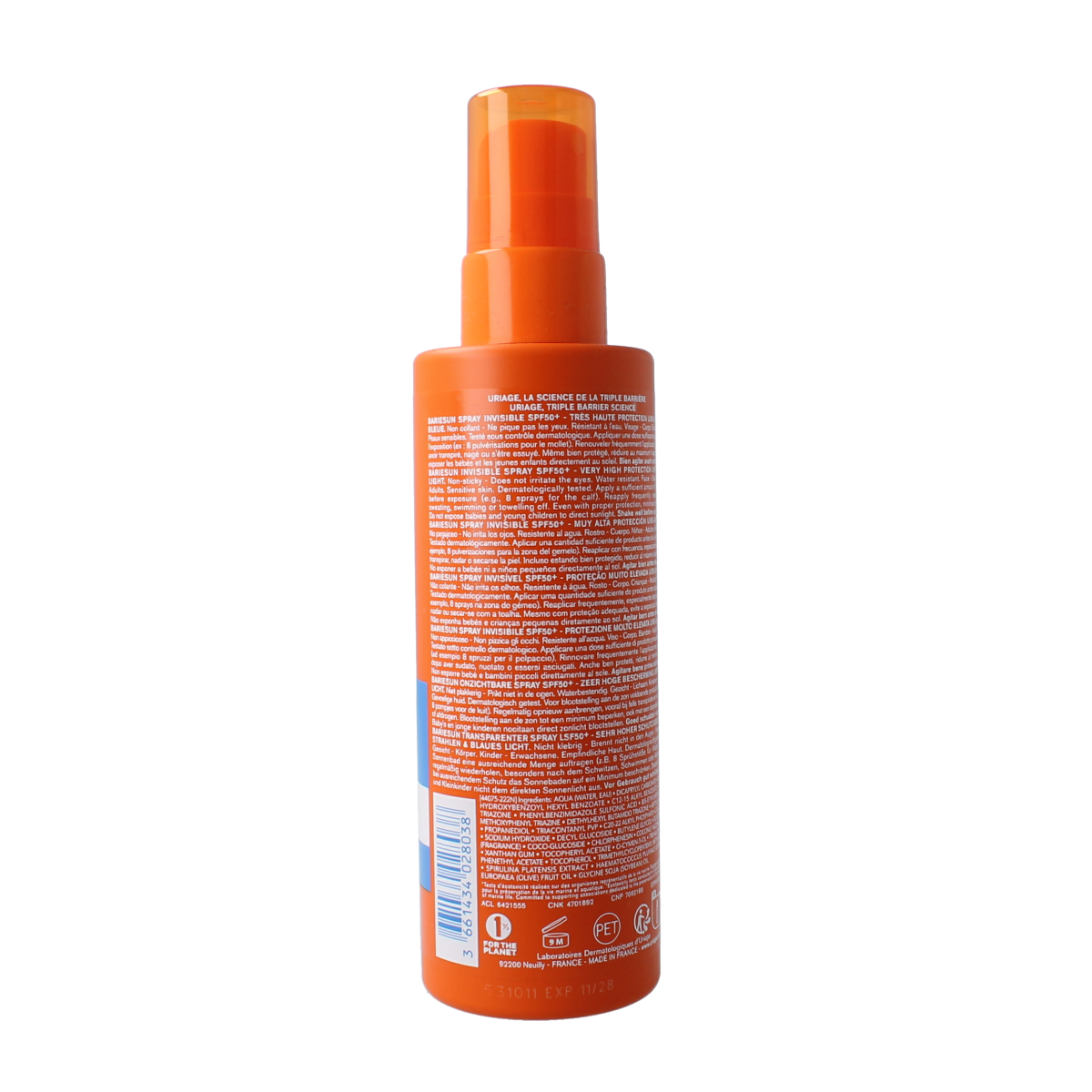 Uriage Bariesun SPF50+ sun spray in 200ml bottle, providing high sun protection for outdoor skin care.