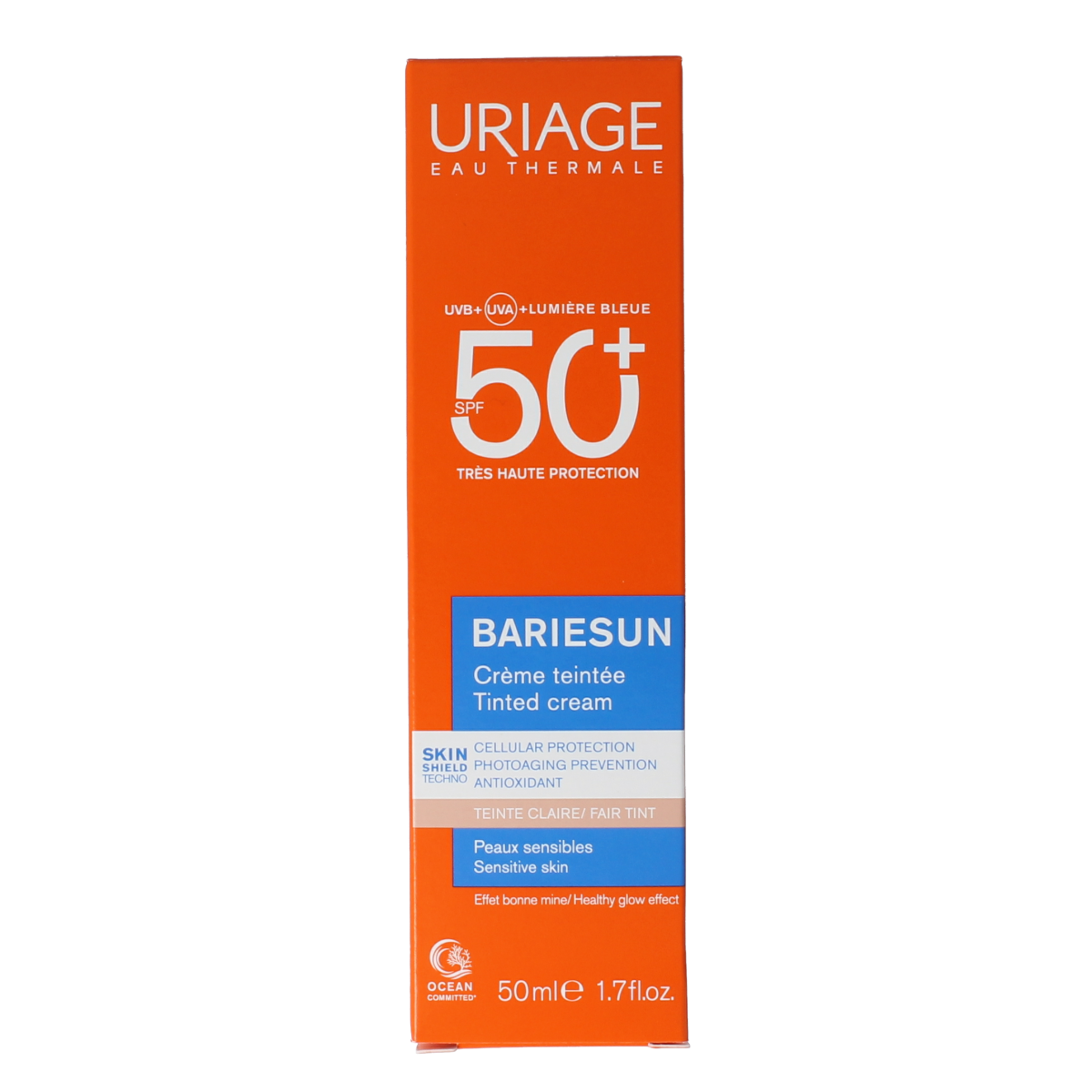 Uriage Bariesun tinted SPF50+ sun cream in 50ml tube, offering high sun protection with a tinted formula for face and skin.