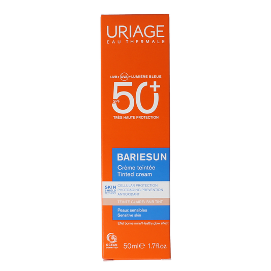 Uriage Bariesun tinted SPF50+ sun cream in 50ml tube, offering high sun protection with a tinted formula for face and skin.