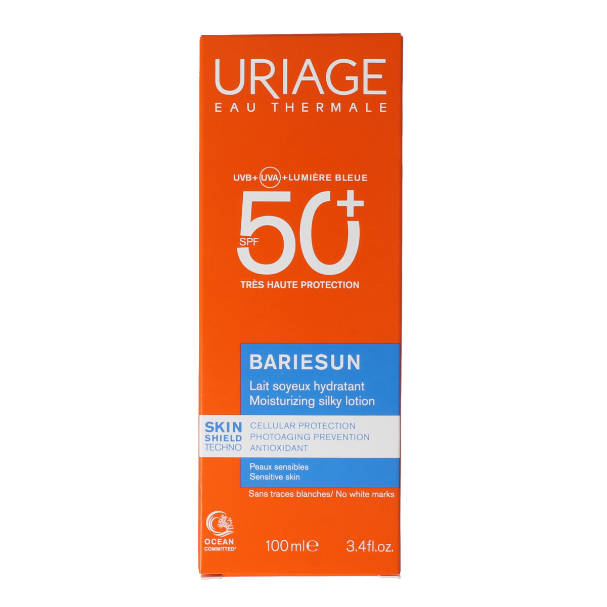 Uriage Bariesun silky lotion SPF50 sun protection lotion in 100ml bottle, smooth texture and lightweight formula.