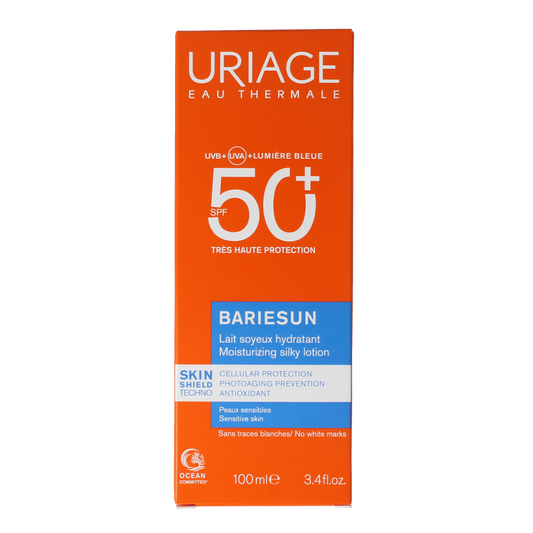 Uriage Bariesun silky lotion SPF50 sun protection lotion in 100ml bottle, smooth texture and lightweight formula.
