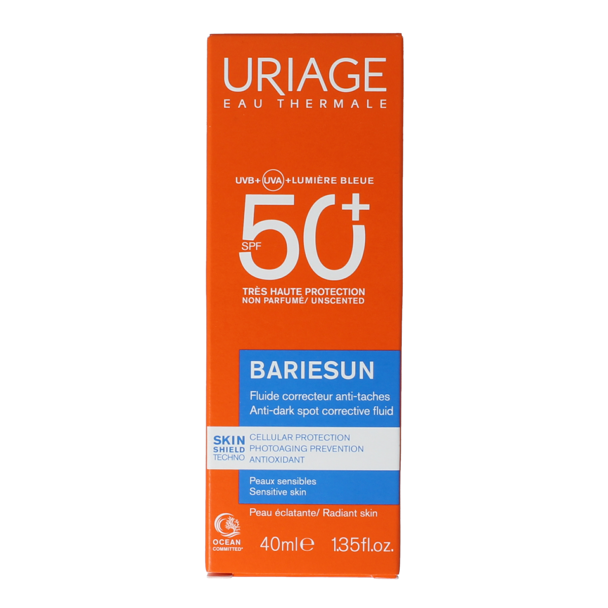 Uriage Bariesun SPF 50 anti-dark spots fluid for face, 40ml, moisturizing sunscreen with high SPF protection.