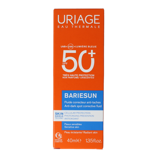 Uriage Bariesun SPF 50 anti-dark spots fluid for face, 40ml, moisturizing sunscreen with high SPF protection.