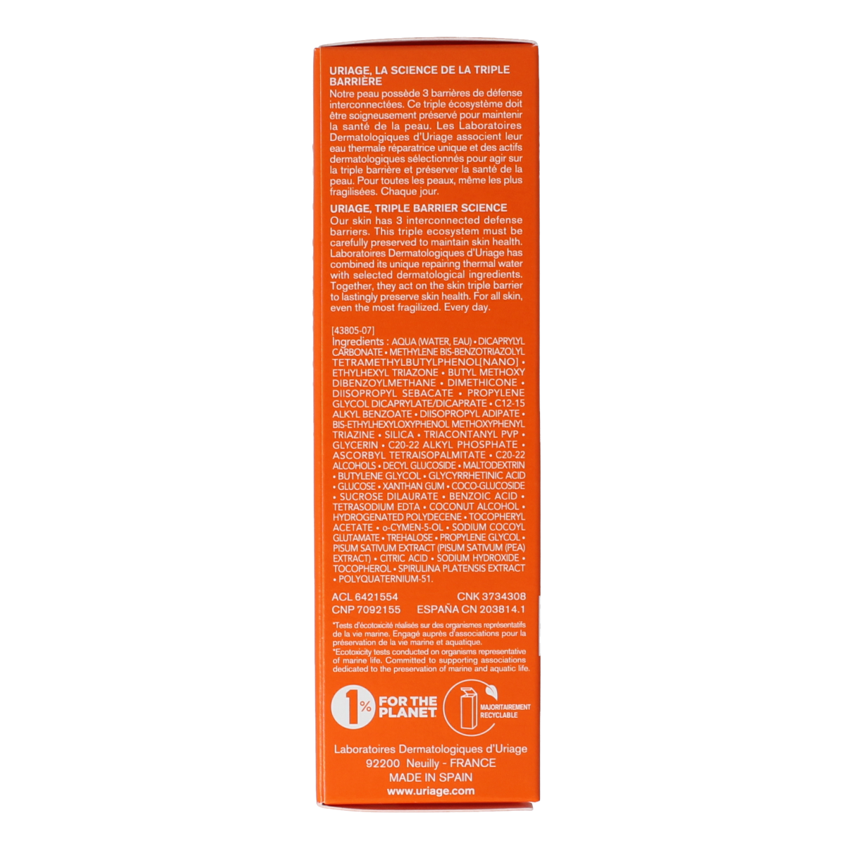 Uriage Bariesun SPF50 fluid for dark spot protection, 40ml, sun protection lotion in a white bottle with blue cap.