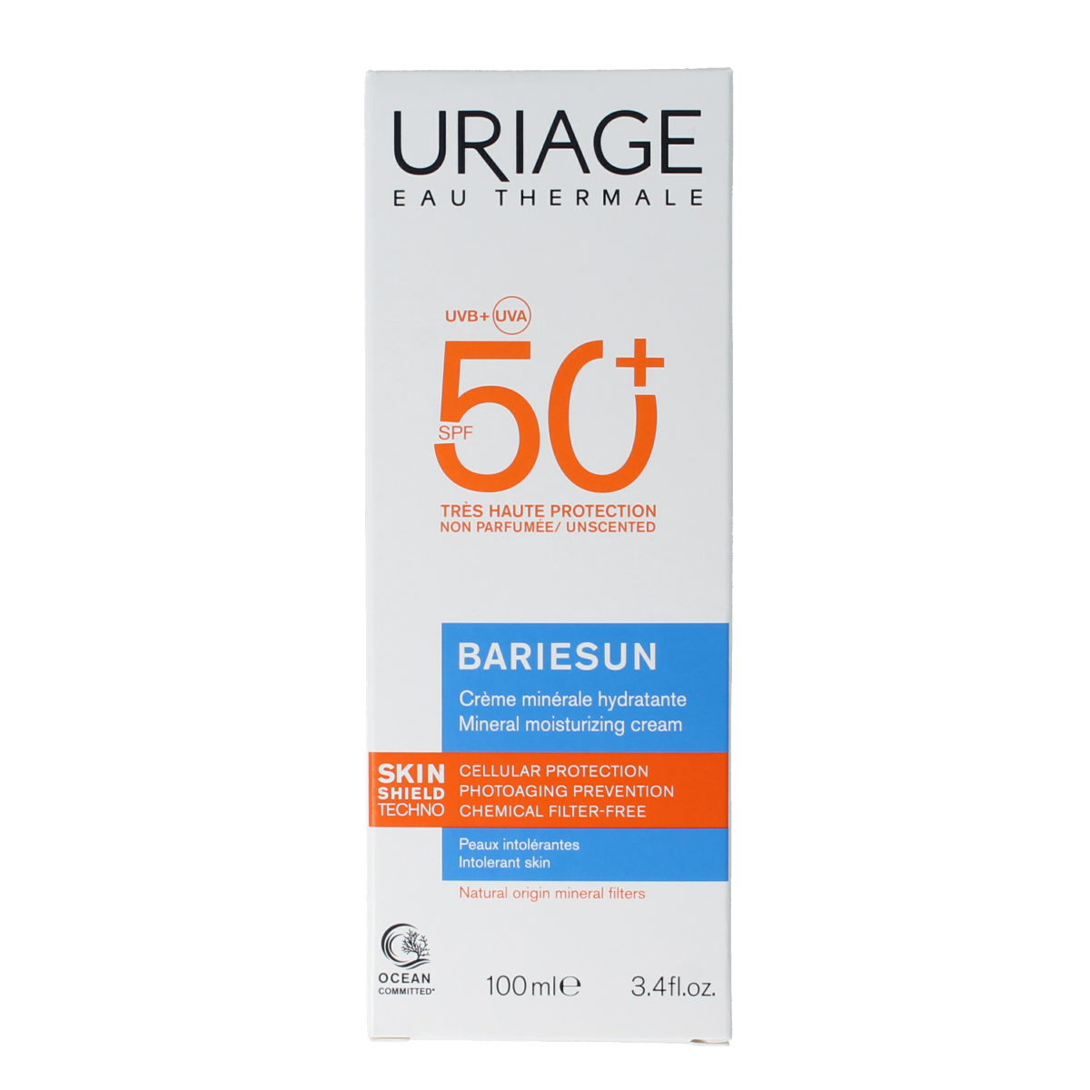 Uriage Bariesun mineral cream SPF50 in 100ml bottle, a body skincare product for sun protection featuring mineral ingredients.