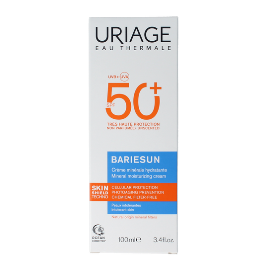 Uriage Bariesun mineral cream SPF50 in 100ml bottle, a body skincare product for sun protection featuring mineral ingredients.