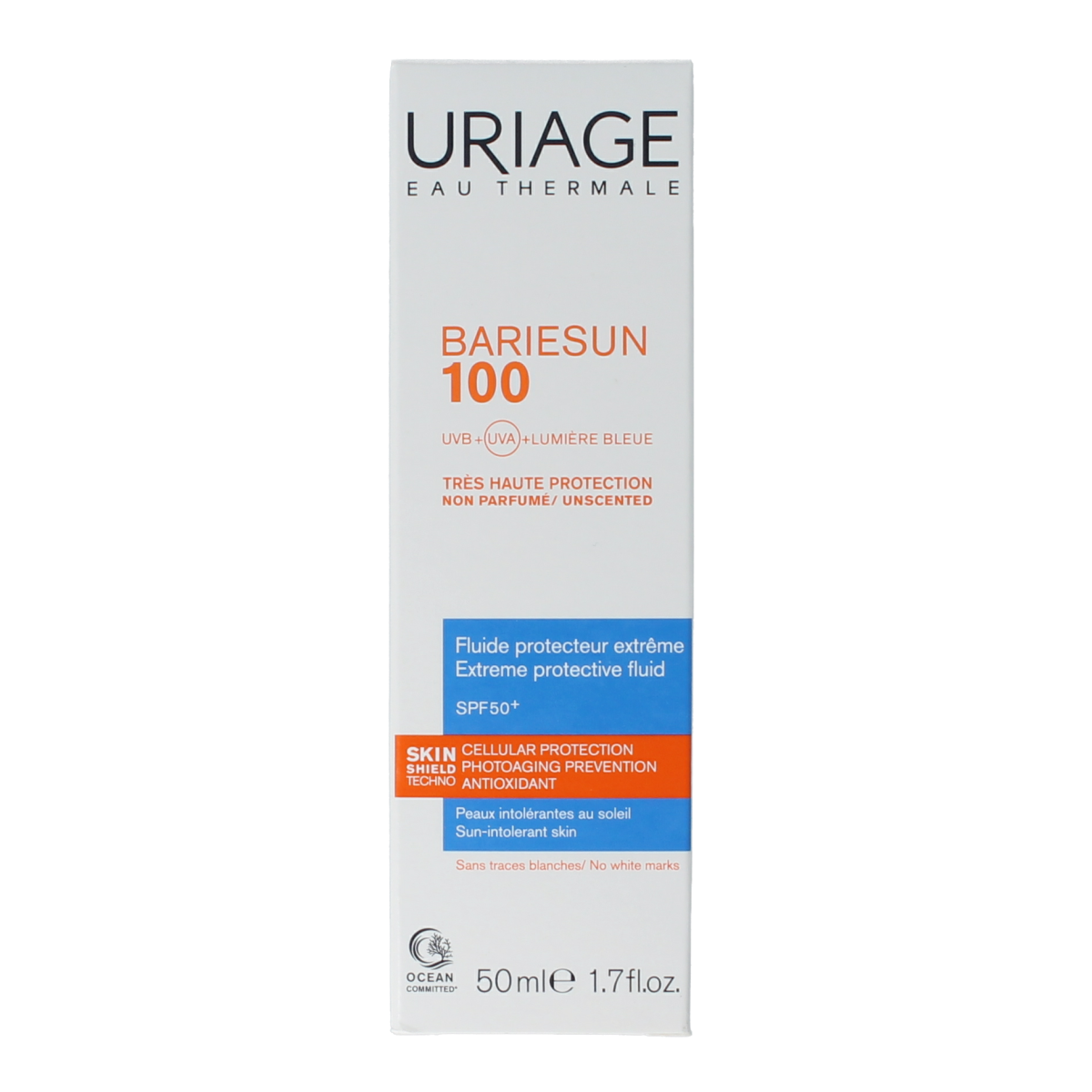 Uriage Bariesun SPF 50+ fluid sunscreen in 50ml bottle, suitable for sun protection and outdoor skin care.