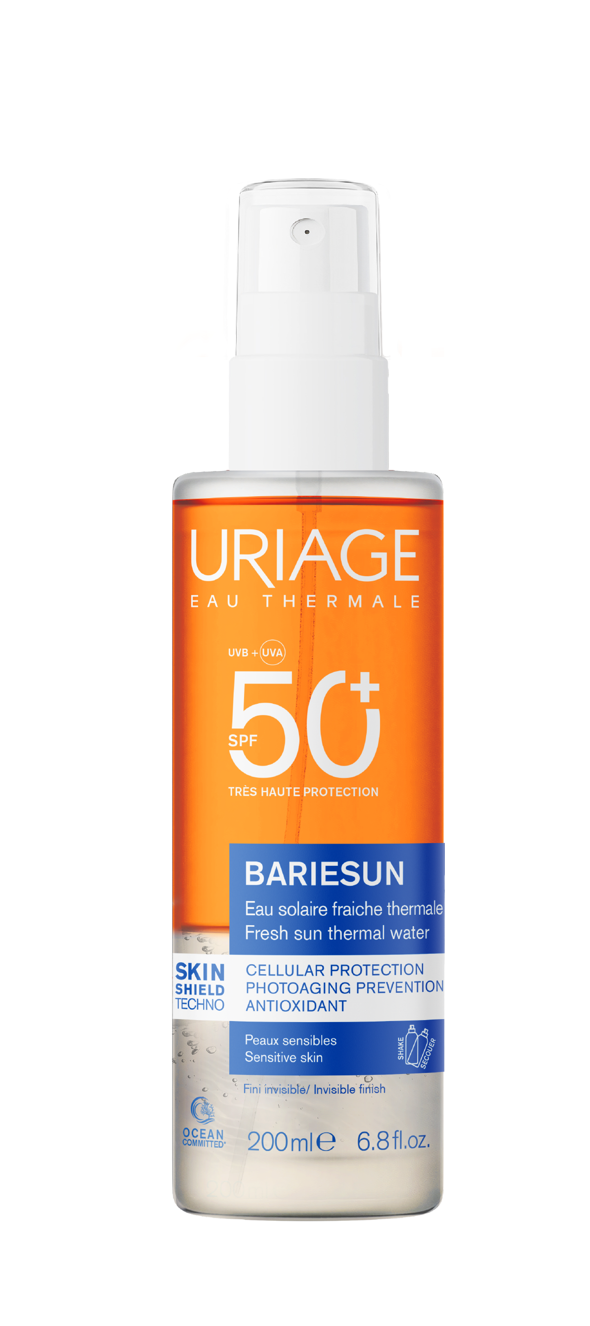 Uriage Bariesun SPF50+ sun water spray in a 200 ml bottle, designed for sun protection with a lightweight, water-like texture.