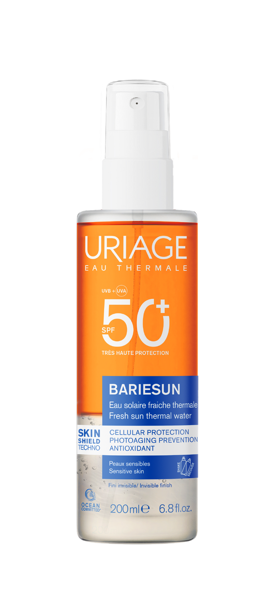 Uriage Bariesun SPF50+ sun water spray in a 200 ml bottle, designed for sun protection with a lightweight, water-like texture.