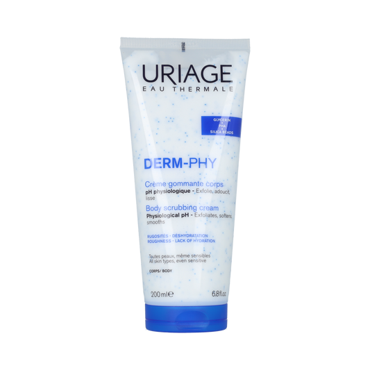 Uriage DERM-PHY Creme Gommante Corps body scrub in a 200ml tube, gentle exfoliating skincare for smooth skin.