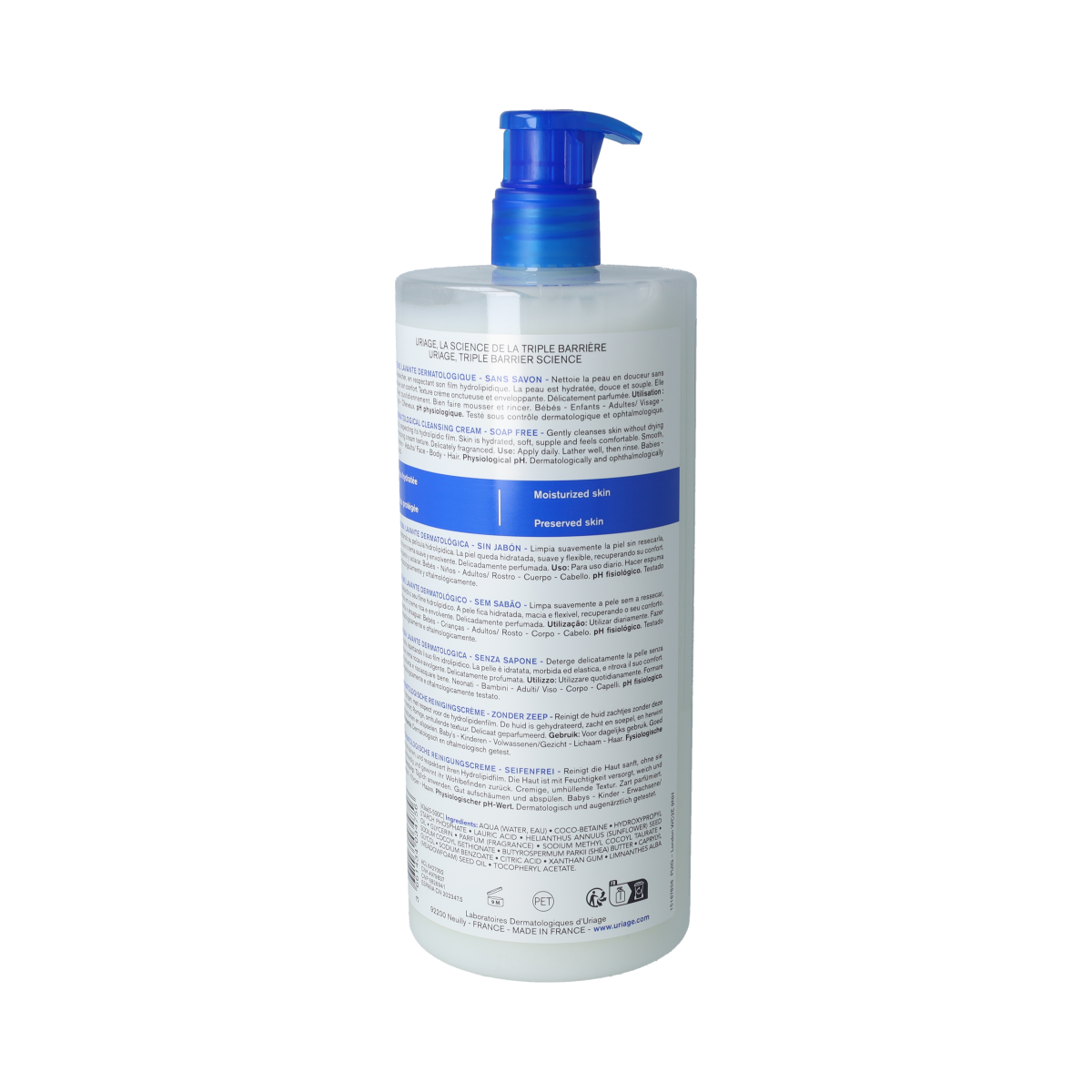 Uriage DERM-PHY Dermatological Cleansing Cream for body, 1 liter bottle, gentle skincare for sensitive skin.
