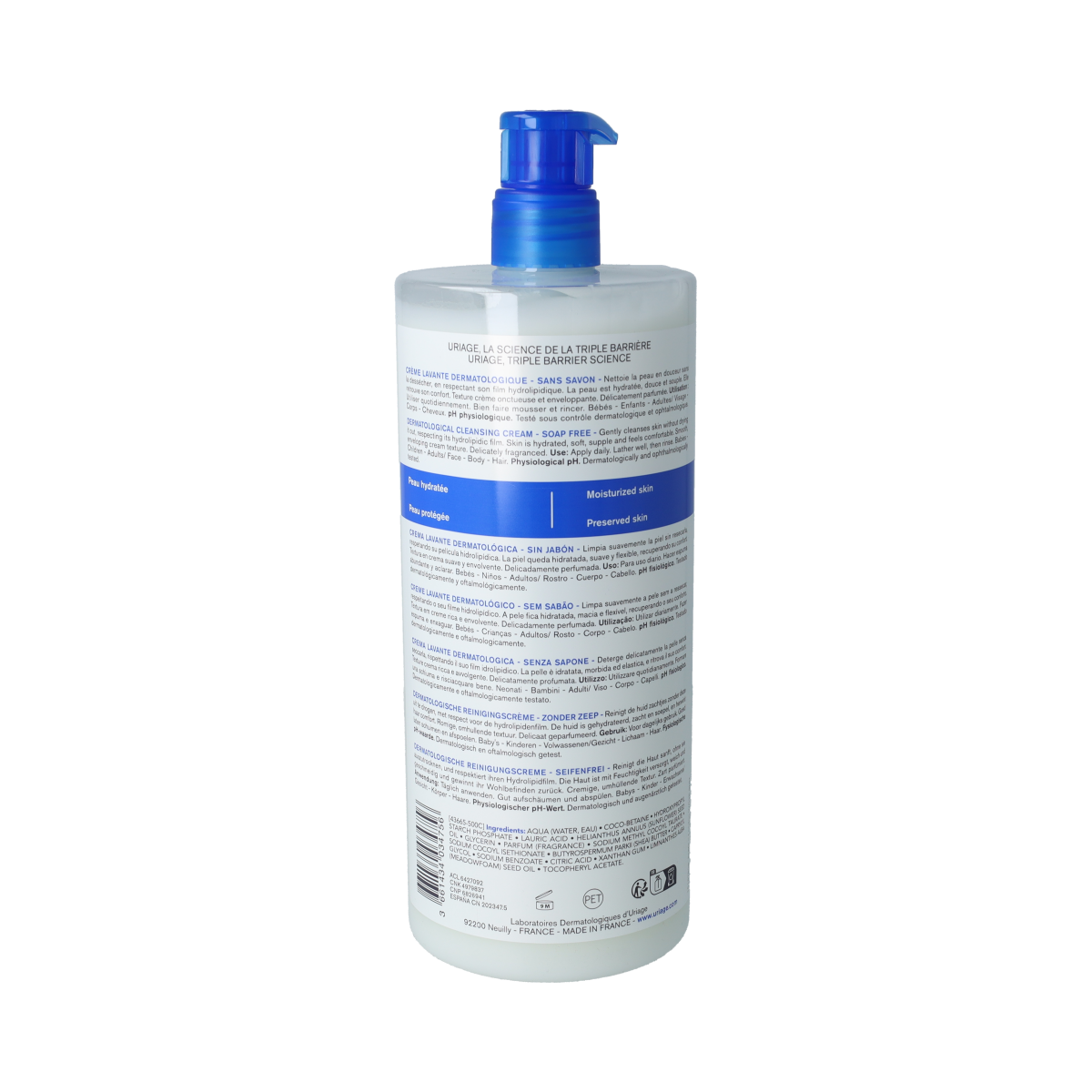 Uriage DERM-PHY dermatological cleansing cream for body, 1-liter bottle, gentle moisturizing body lotion with soothing formula.