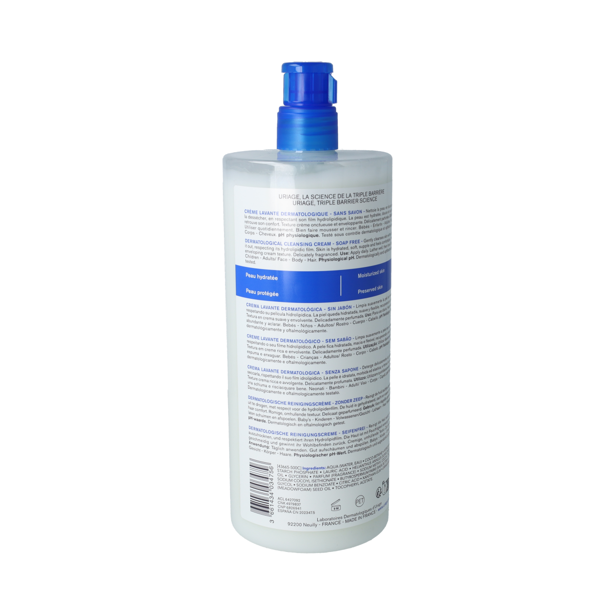 Uriage DERM-PHY dermatological cleansing cream in a 1-liter bottle for gentle body skincare.