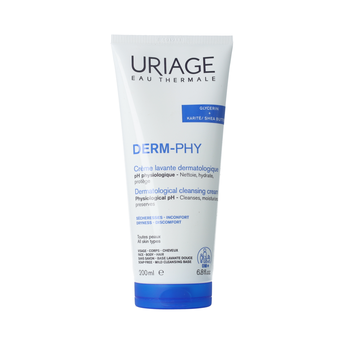 Uriage DERM-PHY Gezichtsverzorging crème lavante dermatologisch, 200ml bottle, gentle cleanser for sensitive skin.
