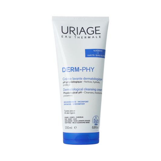 Uriage DERM-PHY Gezichtsverzorging crème lavante dermatologisch, 200ml bottle, gentle cleanser for sensitive skin.