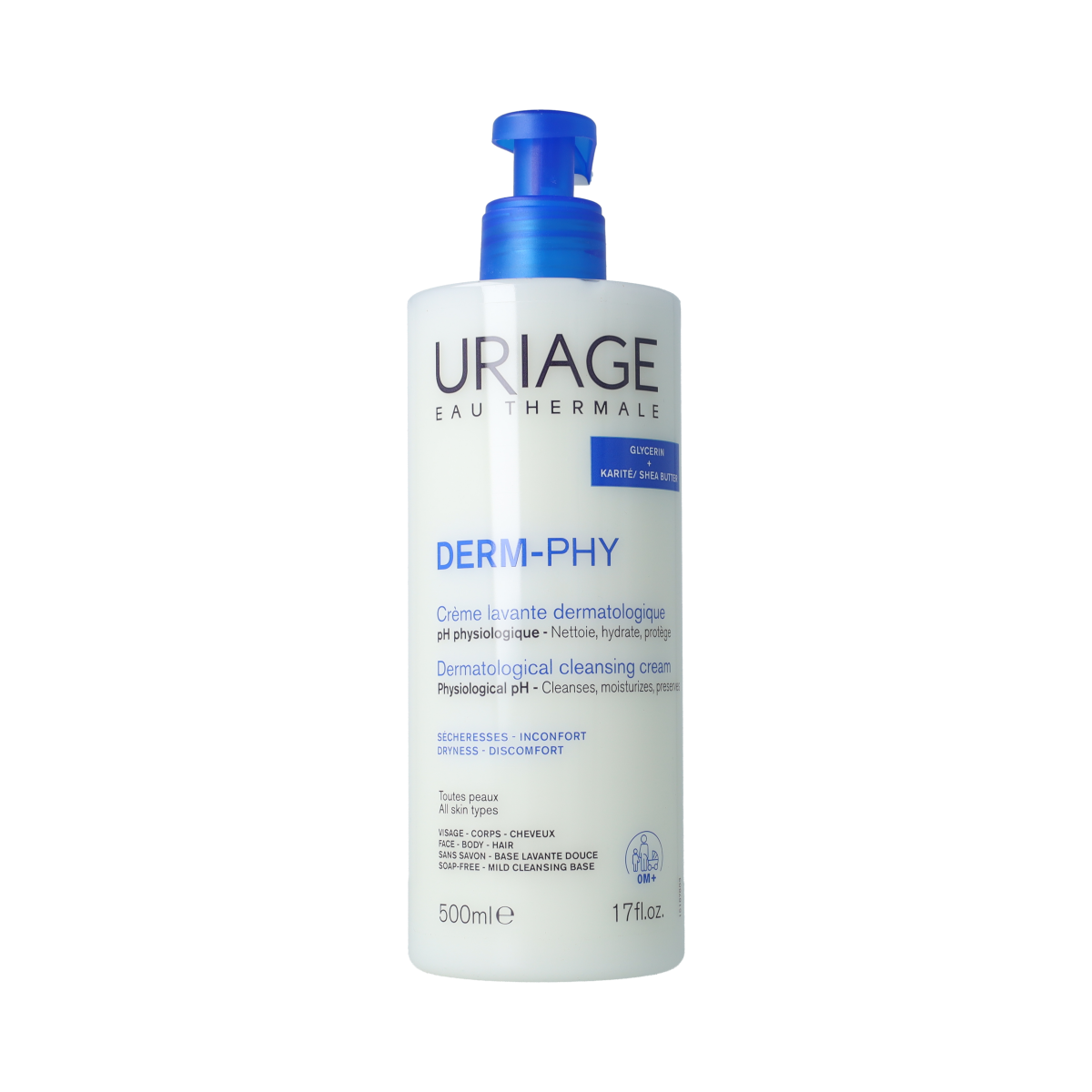 Uriage DERM-PHY dermatological cleansing cream for body, 500ml, gentle skincare product in a white tube with blue accents.