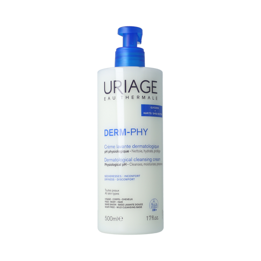 Uriage DERM-PHY dermatological cleansing cream for body, 500ml, gentle skincare product in a white tube with blue accents.