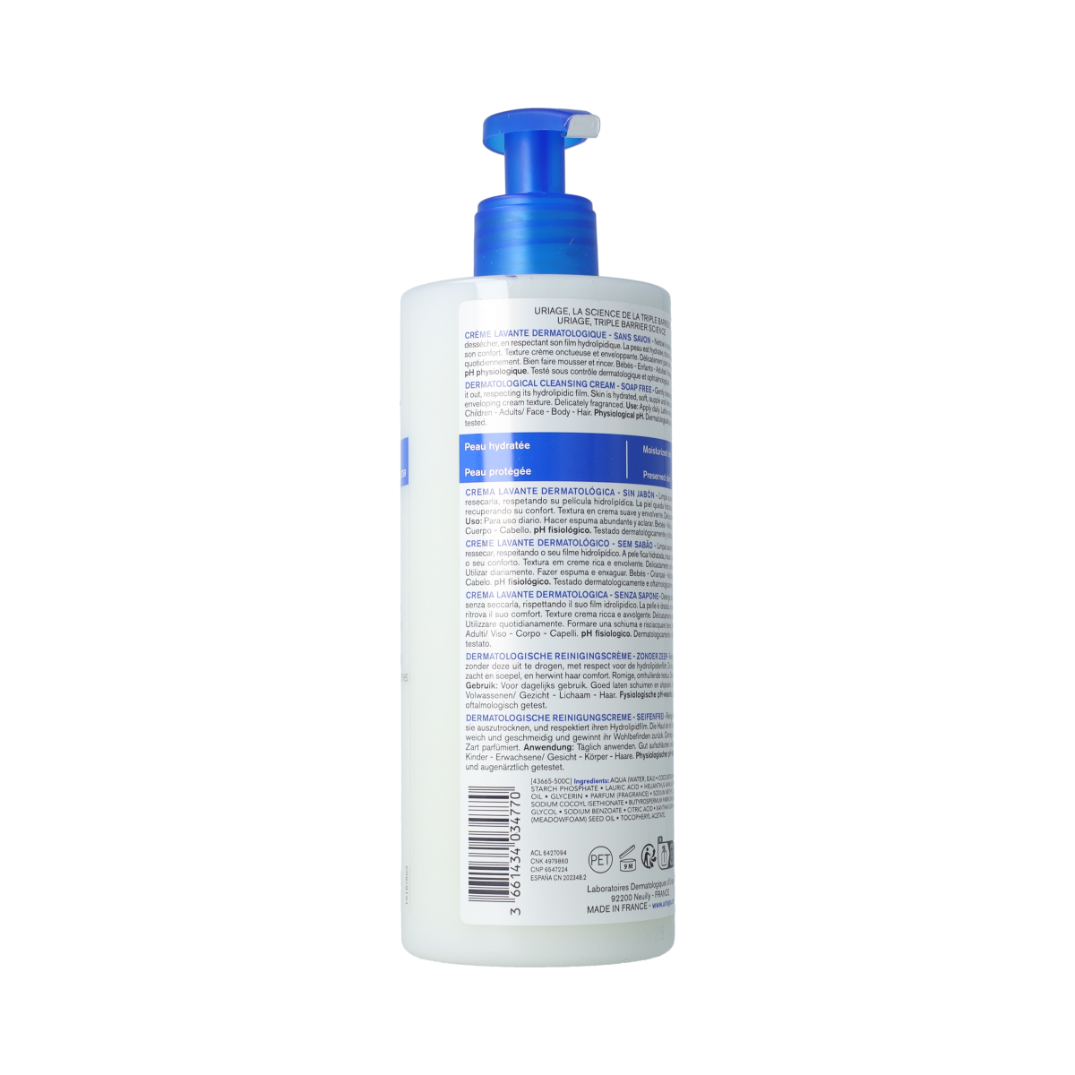 Uriage DERM-PHY dermatological cleansing cream in 500ml bottle, gentle body wash for sensitive skin.