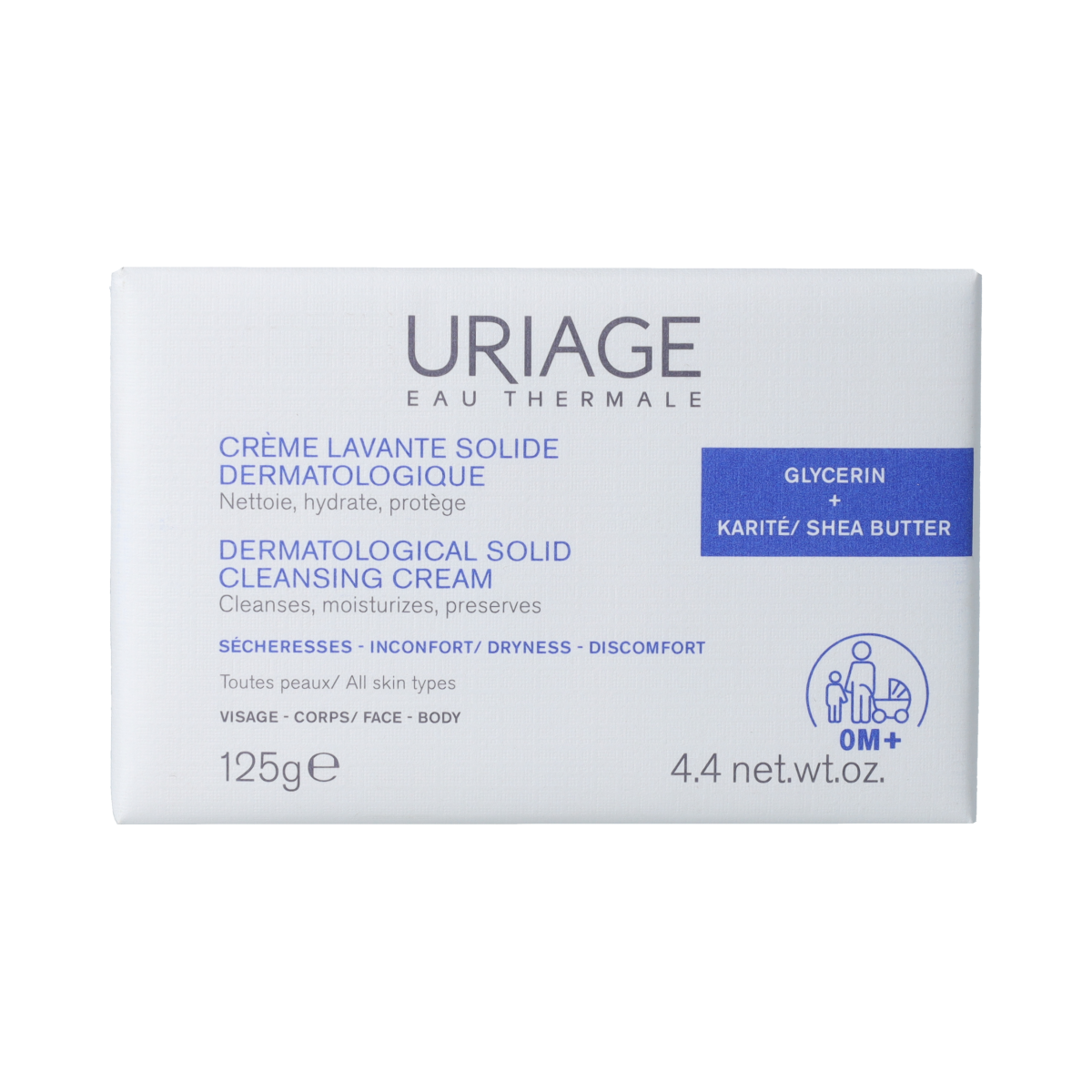 Uriage Cleansing Cream Bar 125g with gentle skincare formula, shown with the soap bar and packaging.