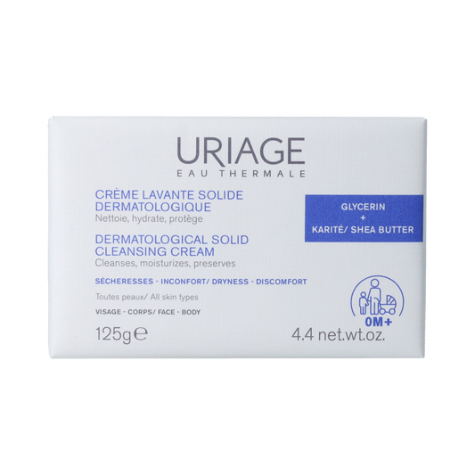 Uriage Cleansing Cream Bar 125g with gentle skincare formula, shown with the soap bar and packaging.
