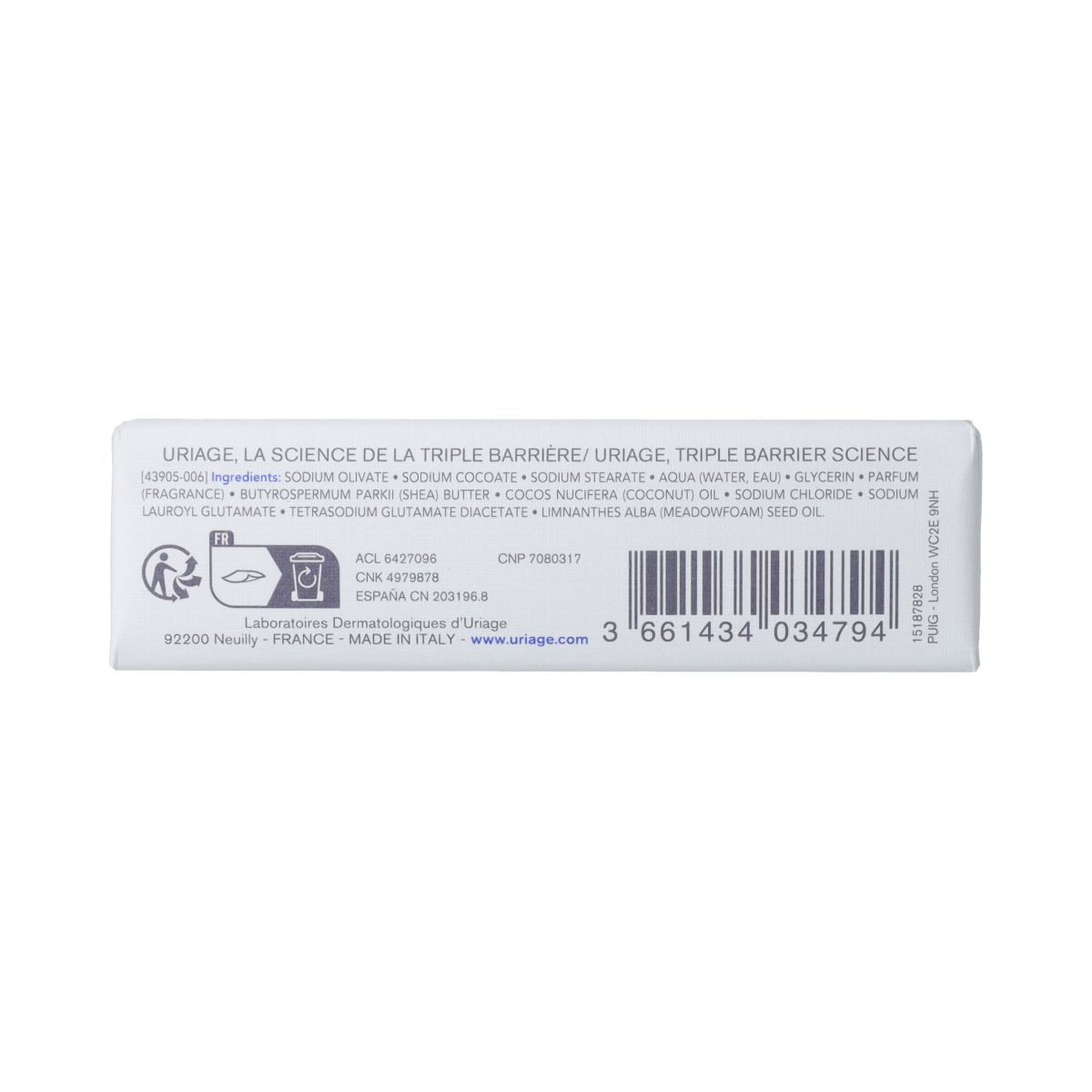 Uriage Cleansing Cream Bar 125g, a gentle facial soap with a creamy texture, designed for cleansing and soothing skin.
