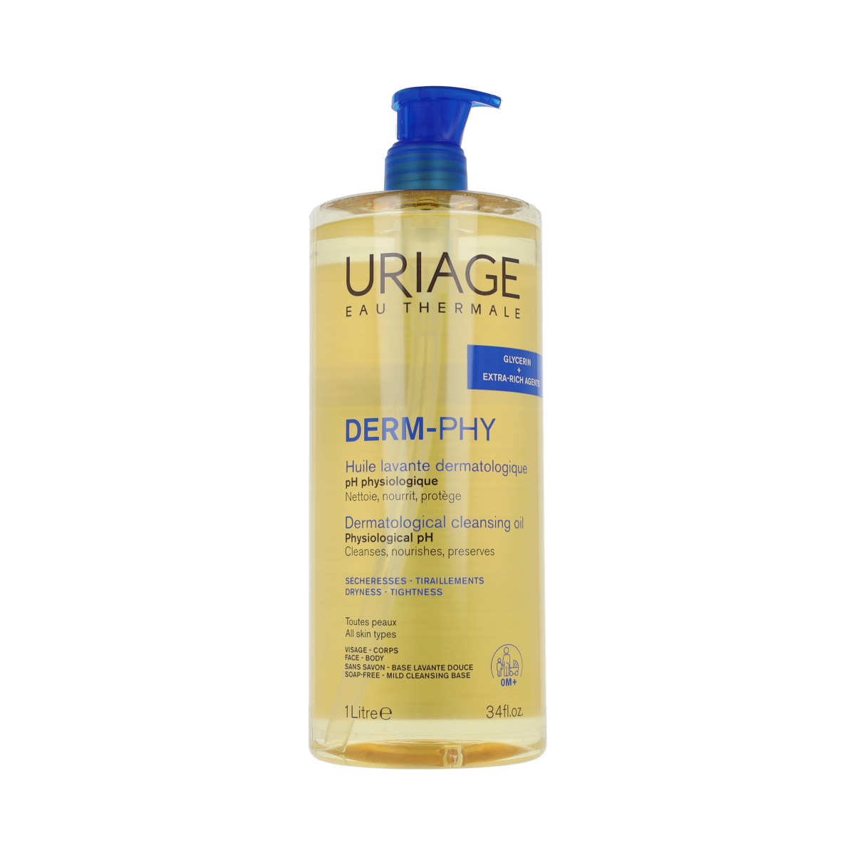 Uriage DERM-PHY dermatological cleansing oil in a 1-liter bottle, gentle body care product for sensitive skin.