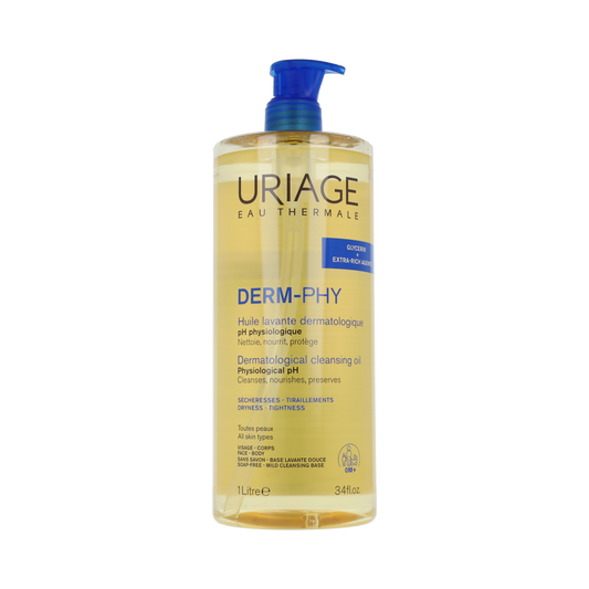 Uriage DERM-PHY dermatological cleansing oil in a 1-liter bottle, gentle body care product for sensitive skin.