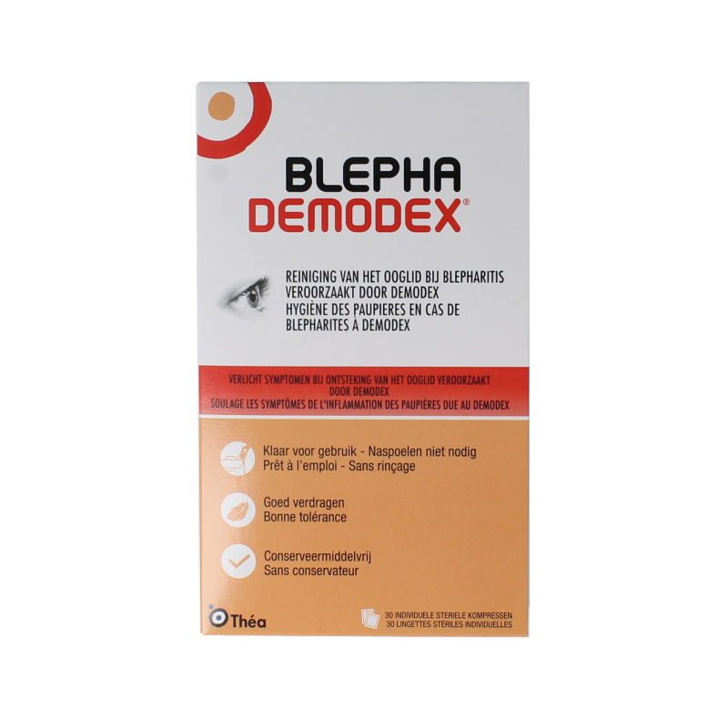 Diversen Blephademodex oogverzorging reinigingstissues, 30 stuks, with soft fabric for gentle eyelid cleaning.